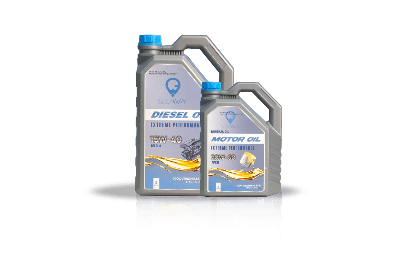 Transparent image of 4L and 5L Gulf Way oil bottles Transparent PNG of Gulf Way 4L and 5L engine oil bottles