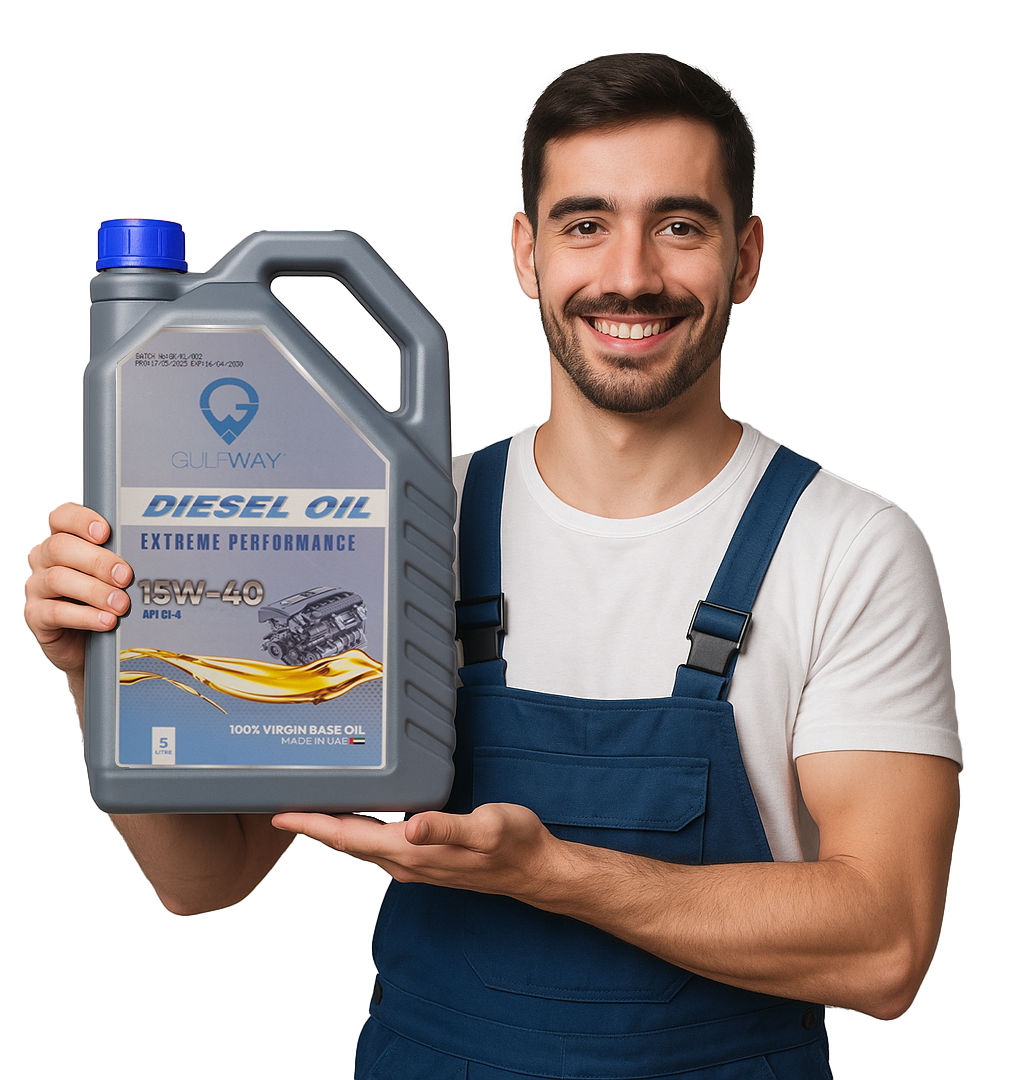 Smiling person presenting Gulf Way 5L diesel engine oil bottle