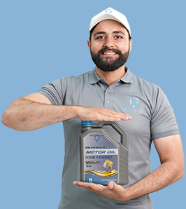 Model in Gulf Way uniform holding a 4-litre engine oil bottle