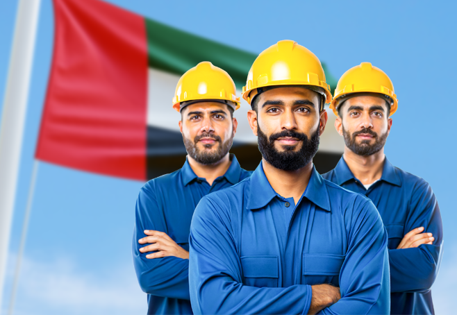UAE oil industry workers in safety gear representing Gulf Way's lubricant manufacturing strength